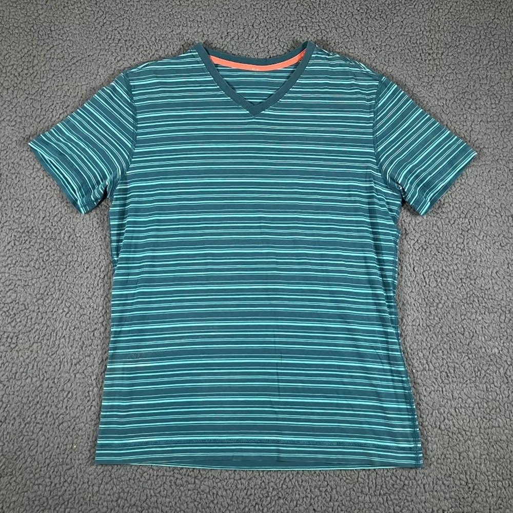 Lululemon Mens V-Neck Short Sleeve Striped Tee Teal Blue Medium